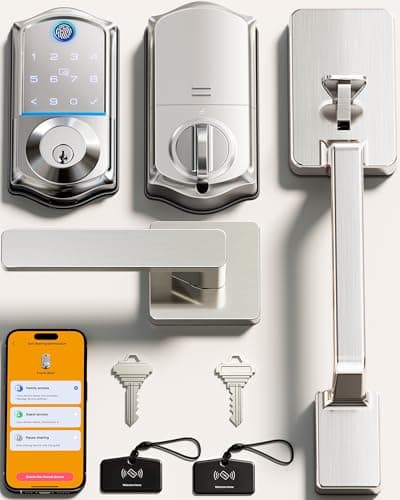 Veise VE017-D Smart Fingerprint Front Door Lock Set, App Control, 8-in-1 Keyless Entry Deadbolt with Lever Handle, Touchscreen Keypad, IP55 Weatherproof, Auto Lock, Easy Install, Satin Nickel - Image 1
