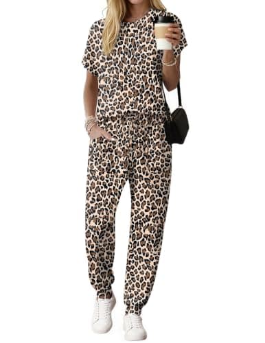 Ekouaer Womens Cotton Short Sleeved Top and Joggers Set 2 Piece Lightweight Lounge Sets Comfortable Vacation Outfits brown Leopard Print S - Image 1
