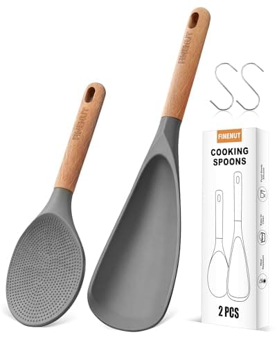 FINENUT Cooking Spoon Multifunction Spoonula Silicone Spatula Spoon 2-Pack, Dual-Use Heat Resistant 446°F, BPA-Free Non-Toxic Wooden Handle Rice Spoon Set for Non-Stick Cookware & Rice Cookers (Gray) - Image 1