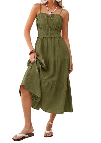 Womens Summer 2026 Casual Midi Cotton Dress,Lightweight Casual Sleeveless Elastic Waist Dress,A Line Boho Beach Dress Pockets Army Green - Image 1