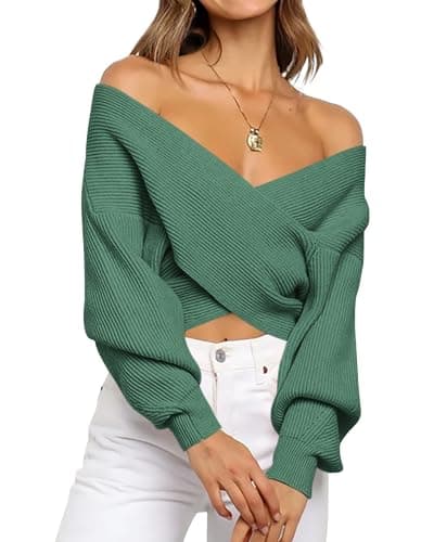 BTFBM Off The Shoulder Sweater for Women Winter Fall Fashion 2026 V Neck Long Sleeve Ribbed Knit Wrap Cropped Sweaters(Army Green, Large) - Image 1