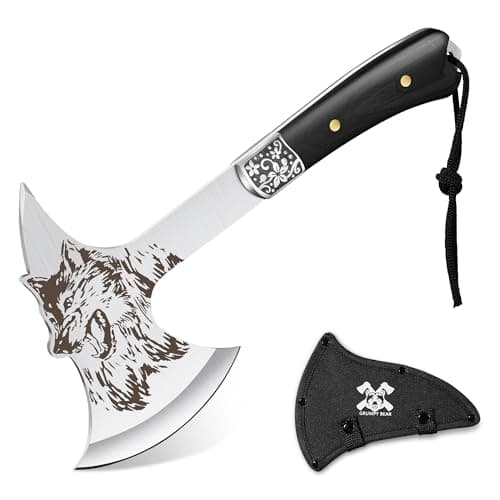 Grumpy Bear Camping Hatchet with Wolf Carving, Full Tang Outdoor Axe with Decorative Handle, Durable Forged Blade for Hiking, Bushcraft, and Survival - Image 1