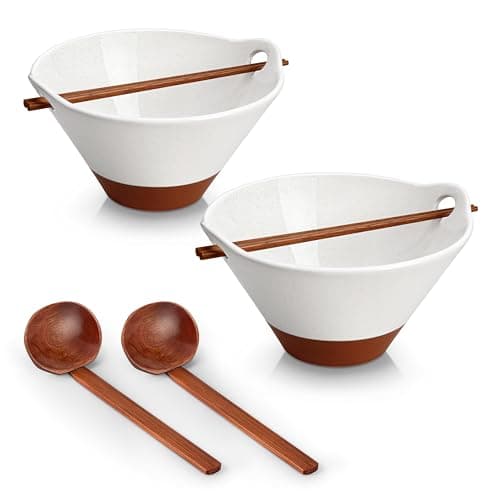 MALACASA 42 oz Ceramic Ramen Bowl Set with Wooden Spoon & Chopsticks, Japanese Style Soup Bowls for Ramen, Pho, Noodles – Set of 2, Microwave & Oven Safe – TARA Series (White and Khaki) - Image 1