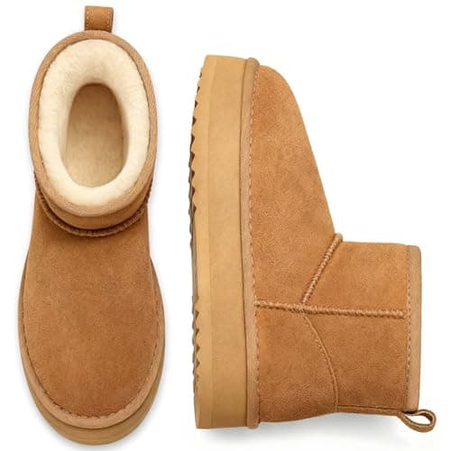Litfun Suede Platform Mini Boots for Women Genuine Leather Fuzzy Ankle Winter Snow Boots with Fur Lined, Chestnut 39 - Image 1