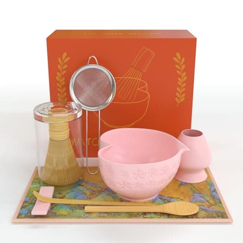 Matcha Whisk Set & Japanese Tea Set, 8PCS Ceramic Matcha Kit, Heart-shaped Matcha Bowl with Spout and Bamboo Whisk for Ceremony Matcha Lovers, Ideal Gift Christmas and Birthday (Cherry Blossom Pink) - Image 1