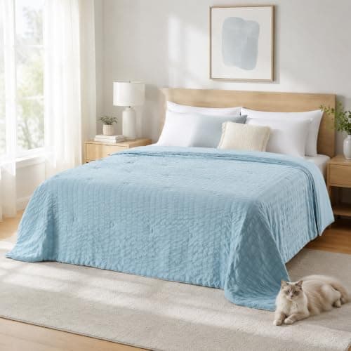 Fuzzysense Cooling Comforter Queen Size – Q-Max 0.4 Seersucker Reversible Cooling Blanket, Lightweight Breathable Summer Quilt for Hot Sleepers & Night Sweats, Ice Blue - Image 1