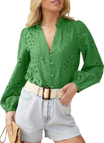 Dokotoo Long Sleeve Shirts for Women V Neck Fall Tops 2024 Outfits Fall Trendy Cute Womens Boho Tops Dressy Business Casual Outfits Country Concert Vacation Blouses Travel Club Outfits Bright Green - Image 1
