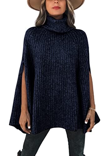 KIRUNDO Women's 2026 Fall Winter Turtleneck Poncho Sweater Fashion Chunky Knit Cape Wrap Sweaters Pullover Jumper Tops(Navy, Small) - Image 1