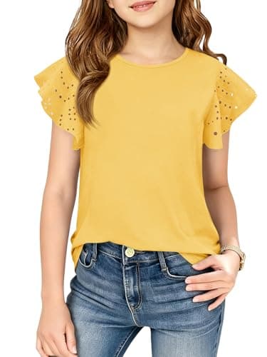 Girls Ruffle Sleeve Shirts Butterfly Sleeve Blouse Summer Eyelet Cute T-Shirt Crewneck Tee Tops for Girls 4-15 Yellow - Image 1