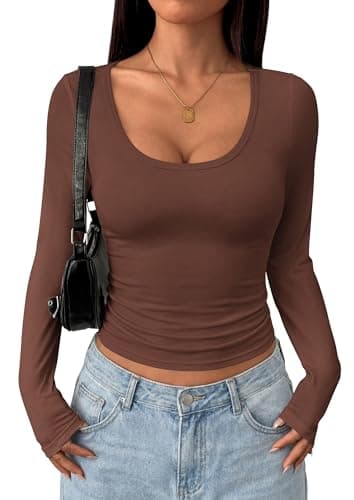 PRETTYGARDEN Womens Long Sleeve Tops 2026 Casual Scoop Neck Basic Tees Slim Fitted Tshirts Layer Knit Fall Outfits (Brown,XX-Large) - Image 1