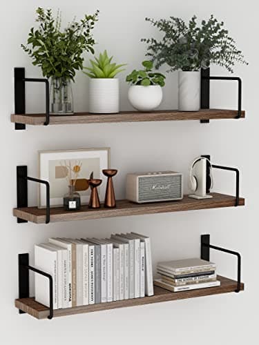 EALLRINEC Floating Shelves, 24 Inches Easy to Install Wall Mounted Shelves, Set of 3, Rustic Wood Shelves for Wall Decor, Storage Shelves for Living Room (Brown) - Image 1