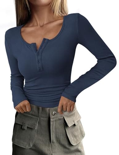 PRETTYGARDEN Women's 2026 Fall Long Sleeve Henley T Shirts Button Ribbed Knit Slim Fit Basic Tops Blouse Casual Outfits (Dark Blue,X-Large) - Image 1