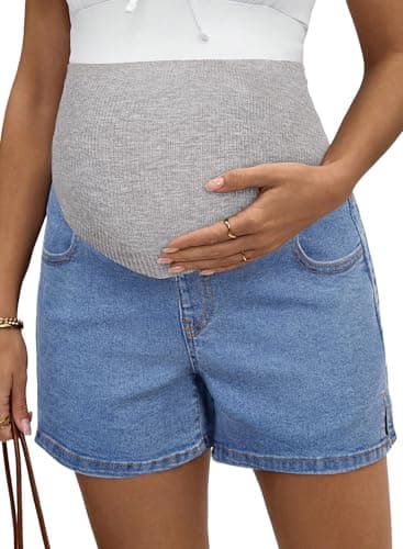 BLENCOT Maternity Jean Shorts for Women Over The Belly Stretchy Summer Pregnancy Denim Shorts with Pockets Light Blue M - Image 1