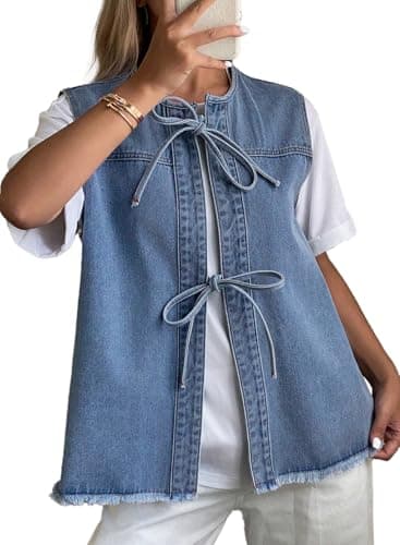 Astylish Chambray Denim Vest Women Lightweight Henley Collar Sleeveless Jackets 2026 Summer Spring Bow Tie Up Coat Shirts Beau Blue Small - Image 1