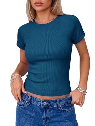 BTFBM Summer Tops for Women 2026 Crew Neck Rolled Sleeve T Shirts Knit Slim Basic Casual Spring Top Workout Y2k Clothes(Lake Blue, Small) - Image 1