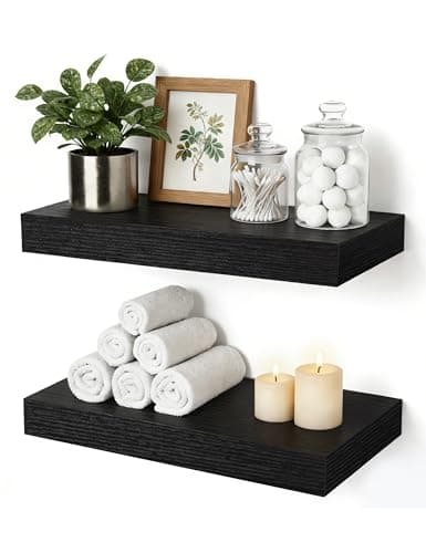 Mifurn Floating Shelves Bathroom for Wall, Bathroom Shelves Over Toilet, Wall Shelves & Book Shelf, Hanging Shelf, Modern Wooden Wall-Mounted Small Floating Shelves, 12x7x1.5 in (Black, Set of 2) - Image 1
