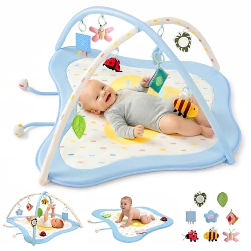 Pamo Babe Baby Play Gym & Activity Mat, Tummy Time Mat with 8 Montessori Toys, Non-slip Foldable Baby Playmat for Stage-Based Development, Machine Washable Baby Gym Play Mat for Newborn Essential Gift