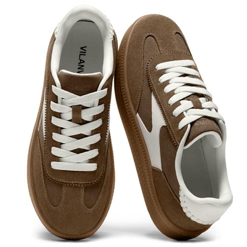 Vilanva Women's Fashion Sneakers Casual Tennis Shoes with Genuine Suede Classic Retro Gum Sole Walking Trendy Footwear Dark Taupe Multi - Image 1