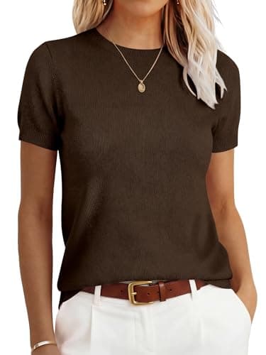 ANRABESS Womens 100% Wool Sweater, Office Work Sweaters, Soft Lightweight for Summer Spring, Short Sleeve Business Casual Top Brown X-Large - Image 1