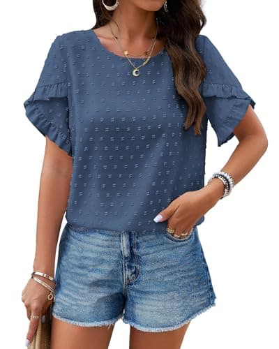 PRETTYGARDEN Women's Tops 2026 Summer Ruffle Short Sleeve Crewneck Blouses Swiss Dots Solid Loose Tunics Work Shirts(Grey Blue,Large) - Image 1