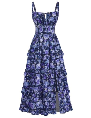 Women's Floral Corset Dress 2026 Summer Spring Wedding Guest Dresses Flowy Sundress with Pockets Navy Purple Floral L - Image 1