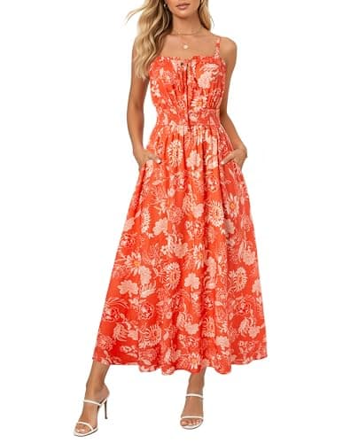 GRACE KARIN 2026 Women's Hawaiian Midi Sundress Summer Vacation Spaghetti Floral Clothes Boho Casual Dresses with Pockets Orange Floral XL - Image 1