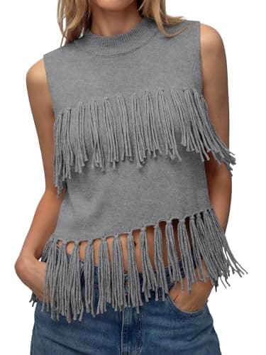 Tankaneo Womens Fringe Knit Tank Tops Summer Trendy Casual High Neck Sleeveless Shirts Boho Loose Fit Sweater Vest Grey - Image 1