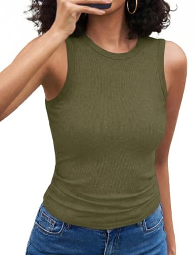 Quenteen Sleeveless Blouses for Women Crew Neck Ribbed Knit Fitted Business Casual Tank Tops Slim Basic Shirts Army Green Small - Image 1