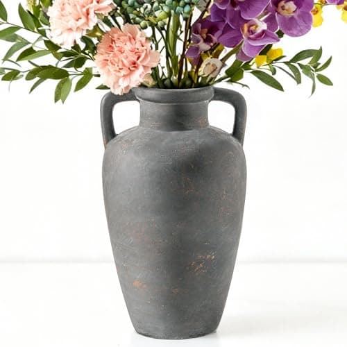 Lyeec Ceramic Flower Vase with Handles, 11 inch Tall Vase for Centerpieces, Large Decorative Terracotta Vases, Farmhouse Rustic Vases for Home Decor, Living Room, Table, Neutral - Image 1