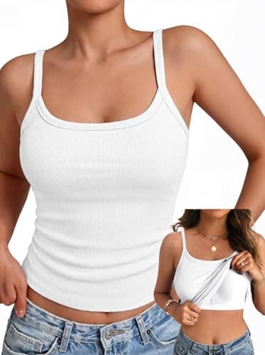 GKBK Women's Sleeveless Built in Bra Tank Top Form Fitting Scoop Neck Ribbed Knit Basic Padded Cami Shirts White XL - Image 1