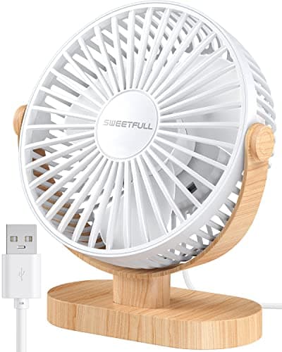 SWEETFULL Small USB Desk Fan 6.5 Inch, 3 Speeds Portable Personal Desktop Table Fan, Dual 360° Adjustment Mini Fan, Quiet Operation, for Home Office Car Outdoor Travel (White wood grain) - Image 1