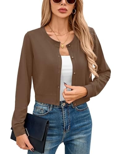 Heymoments Bolero for Women Coffee XX-Large Cropped Cardigan Shrug Button Down Long Sleeve Crewneck Casual Ladies Open Front Knit Coat Fall Petite Tops Sweater for Dresses Jean - Image 1