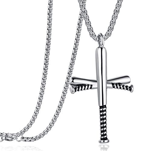 Rehoboth Baseball Bat Stainless Steel Cross Pendant Necklace for Men With 24 Inch Chain Silver - Image 1