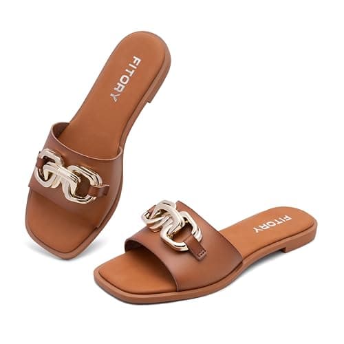 FITORY Women's Flat Sandals Fashion Slides With Soft Leather Slippers for Summer Brown Size 8 - Image 1