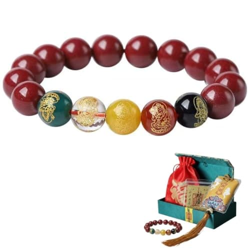 JZJZTXT Cinnabar Bracelet for Women Men – 5 Elements Crystal Beads Feng Shui Wealth Bracelet, Natural Cinnabar Good Luck Amulet Protection Jewelry, Adjustable Spiritual Gift Set with Talisman Pouch & Golden Sticker - Image 1