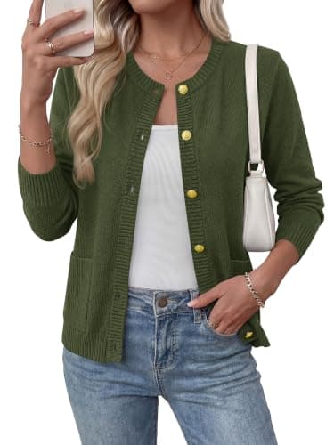 BTFBM Cardigan Sweaters for Women 2026 Fall Clothes Long Sleeve Button Down Open Front Soft Knit Lightweight Sweater(Army Green, Large) - Image 1