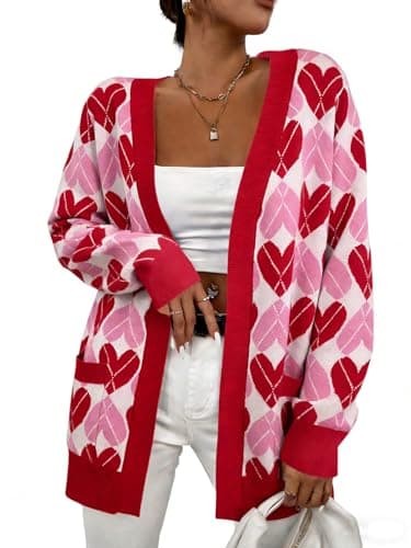 Heart Cardigan Valentines Sweater Women: Valentine Cardigan Love Print Open Front Knit Sweaters Outwear with Pockets - Image 1