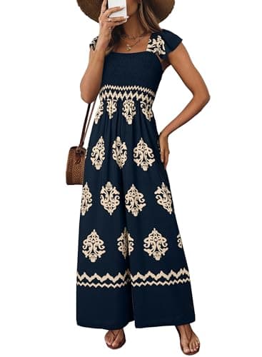 Happy Sailed Women's Jumpsuits Summer Square Neck Floral Printed Boho Jumpsuit Overalls Wide Leg Long Pants Rompers Cruise Outfits for Women Dark Blue L - Image 1