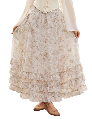 Maxi Skirts for Women Floral Chiffon Elastic High Waist Flowy Ruffle Long Skirt with Pokets Brown Floral XL - Image 1