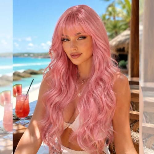 Barbique Synthetic Wig with Bangs, Pink Long Wavy Wig, Synthetic Hair, Heat Resistant Fiber, Natural Looking Glueless Ready to Wear for Work Party Daily Use Beginner Friendly - Image 1
