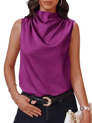 Cicy Bell Womens Mock Neck Satin Tank Tops Business Casual Work Ruched Blouses Summer Corporate Outfits Fuchsia - Image 1