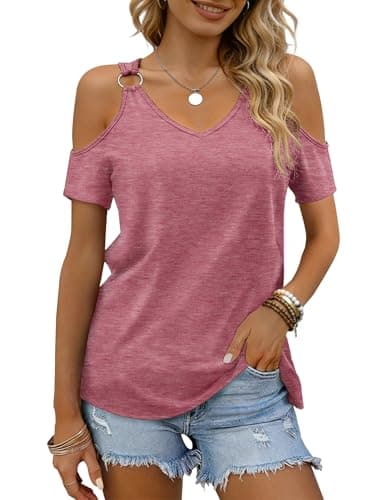 BOHOWE Fashion 2026 Women's Cold Shoulder V Neck T-Shirts Short Sleeve Basic Summer Tees Red - Image 1