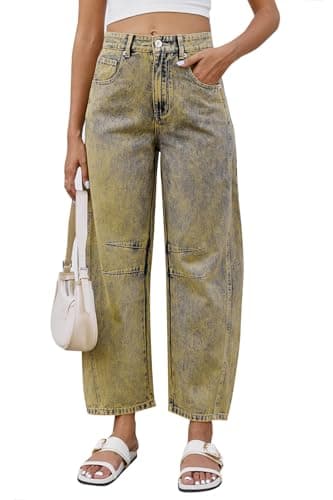 GREAIDEA Mid Rise Barrel Jeans for Women Wide Leg Mid Waist Cropped Cotton Pants Y2k Baggy Boyfriend Jeans with Pockets Chartreuse - Image 1