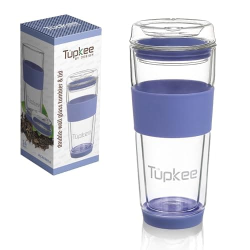 Tupkee Double Wall Glass Tumbler - 14-Ounce, All Glass Hand Blown Reusable Insulated Tea/Coffee Mug & Lid, Travel Mug - Jacaranda - Image 1