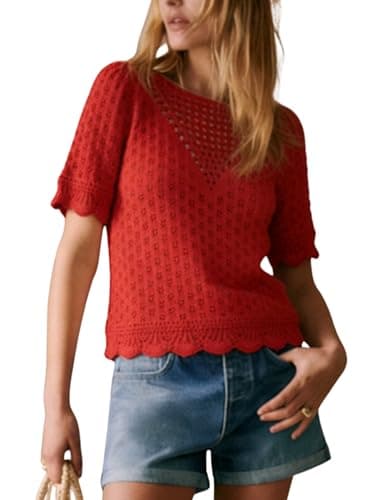 Wefebi Women's Cotton Puff Short Sleeve Crochet Knit Tops Crew Ceck Pullover Sweaters with Scalloped Hem Design(Red-L) - Image 1
