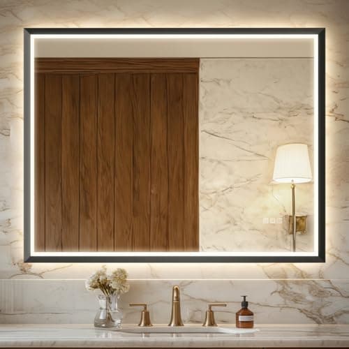 USHOWER 40X30 LED Bathroom Mirror with Lights, Black Aluminum Frame LED Mirror, Shatter-Proof, Anti-Fog, Stepless Dimmable, Memory Function, 3 Colors Smart Mirror for Bedroom, Powder Room, ETL - Image 1