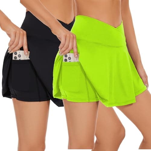 bpbtti Womens Pleated Tennis Skirt Crossover Golf Skorts Skirts with Pockets Activewear Summer Workout Running Shorts (2 Pack,Neon Green,Black, Large) - Image 1