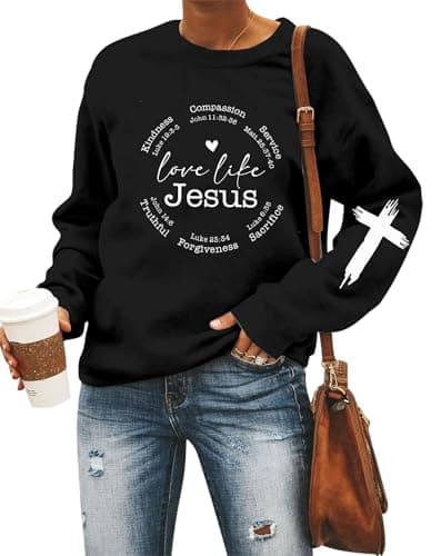 LOTUCY Christian Sweatshirts Women Love Like Jesus T Shirt Faith Religious Saying Inspirational Long Sleeve Pullover Black - Image 1