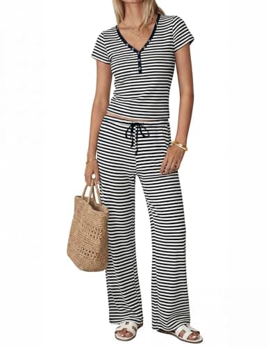 YURIONA Women Striped Matching Set Short Sleeve Top Wide Leg Pants Vacation - Image 1