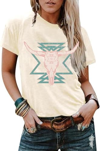 Western Shirts for Women Vintage Cow Skull Graphic Tshirts Casual Cowgirl Short Sleeve Tee Top - Image 1